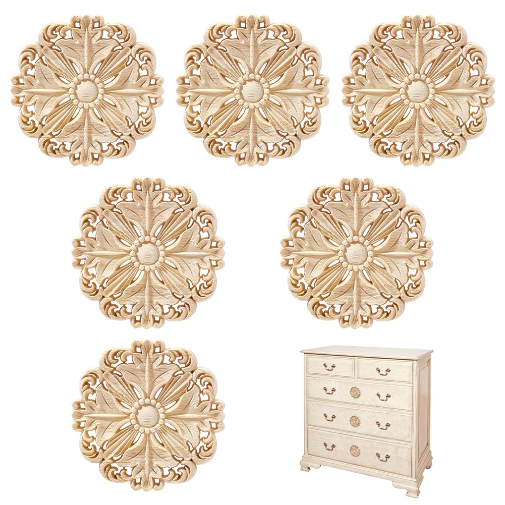 NBEADS 6 Pcs Decorative Wood Round Carved Appliques Onlays - Image 1