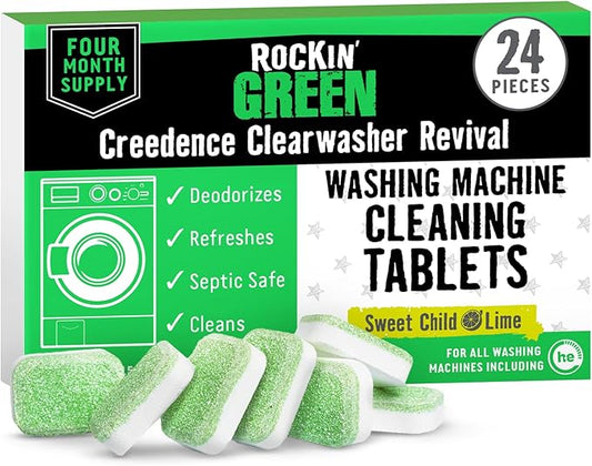 Rockin' Green Deep Cleaning and Deodorizing Tablets for Dishwashers, Washing Machines, and Garbage Disposals, Removes Odor and Residue (Washing Machine Cleaning Tablets, 24 Pack)