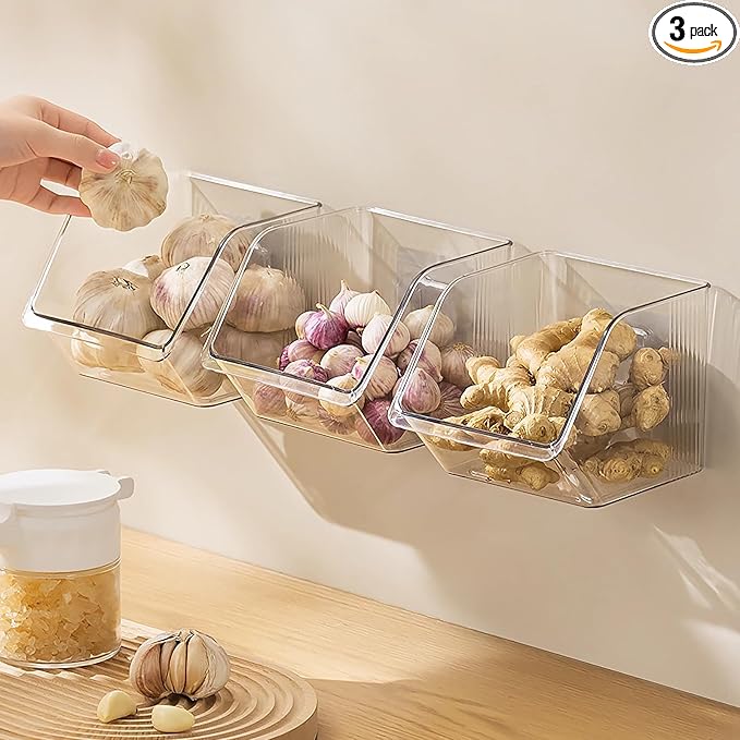 Garlic Keeper Storage Ginger Container, 3-Pack Small Clear Acrylic Bins with Adhesive, No-Drill Wall Mounted or Countertop Baskets for Kitchen, Pantry, Cabinet Organization