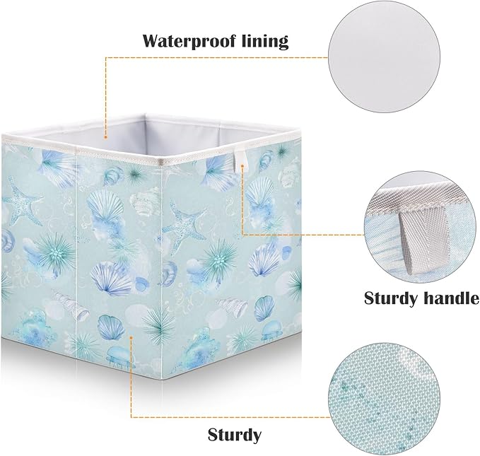 Bolaz Blue Shell Pattern Closet Organizers Storage Cubes Storage Bins Shelf Baskets Containers for Home Room Office,Square