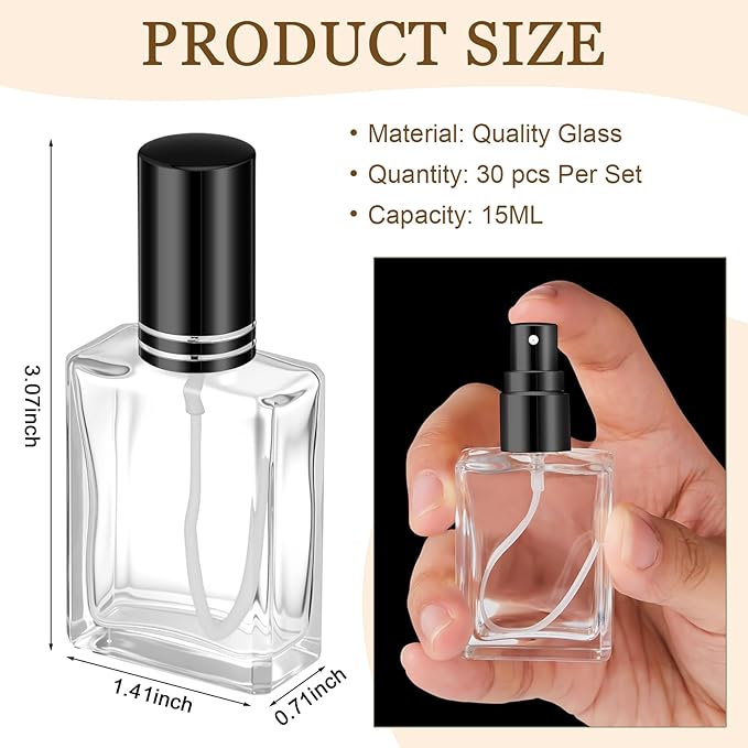 Domensi 60 Pcs 15 ml Glass Perfume Bottles Mini Glass Empty Spray Atomizer Bottles Bulk Refillable Perfume Dispenser Container with Pump Tool for Travel Skin Care(Black, Gold, Silver)