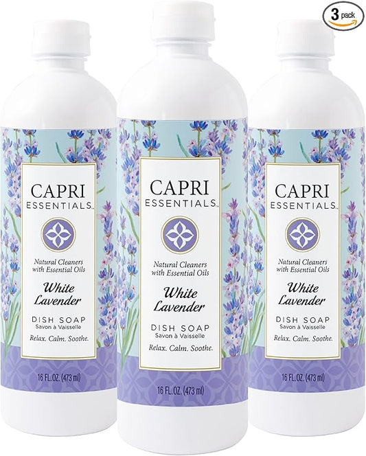 CAPRI ESSENTIALS Dish Soap Liquid, Natural Household Cleaning, Plant Based Aromatic Dish Detergent, Blend of Essential Oils with Juniper & Chamomile, White Lavender, 16 FL OZ (3 Pack)