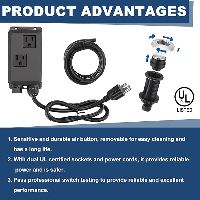 Garbage Disposal Air Switch Kit Wireless Sink Top Garbage Disposal Button Stainless Steel/On/Off Waterproof Button Kit with Long Switch Matte UL Listed(Dual Outlet,Silver,Long Size)