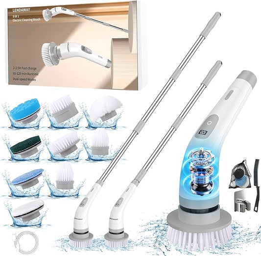 9-in-1 Multi-Purpose Electric Spin Scrubber for Cleaning, 2 Speed Long Handle Shower Scrubber, Replaceable Cleaner Brush Heads for Floors, Windows, Bathtub, Grout, Tiles, Sink, Car, Bathroom