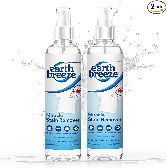 Earth Breeze Miracle Stain Remover Spray – Powerful All-In-One Solution - Removes Virtually All Household Stains – No Harsh Chemicals – Made in USA – Effective Tough Stain Eliminator – 4fl oz (2 pack)