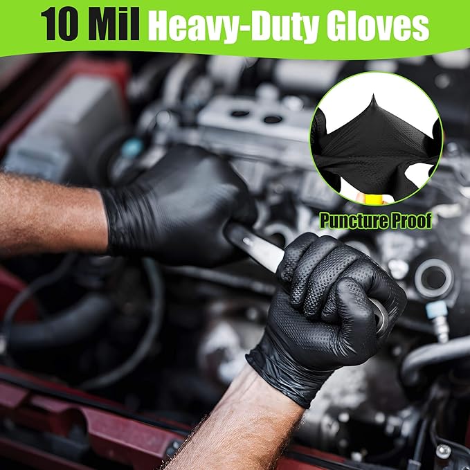TREEGO Black Heavy Duty Rubber Gloves 10 Mil Nitrile Gloves - Raised Diamond Texture Grip for Automotive & Mechanic - Latex Free Disposable Gloves Medium, 100 Count