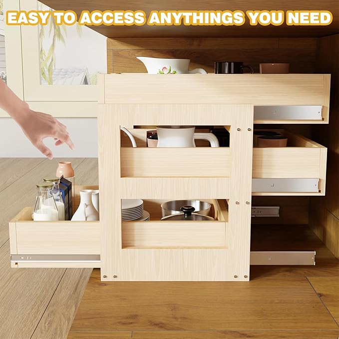 Pull Out Cabinet Organizer, 20''W×21''D×19''H Soft Close Slide Out Wooden Pull out Drawers, Three Tier Slide out Wood Cabinet Organizer, for Base Cabinet Organization in Kitchen, Pantry, Bathroom