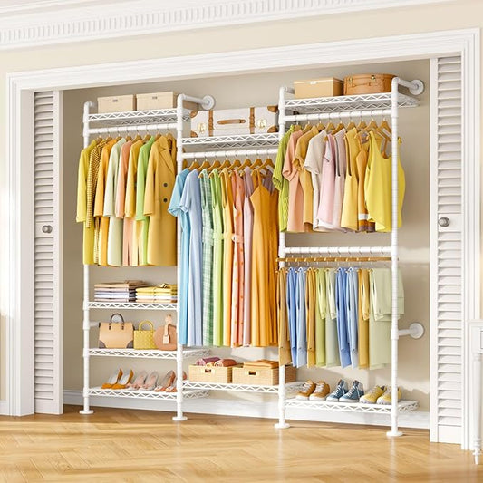 M6 Clothes Rack for Wall Mounted, Heavy Duty Closet Wardrobe System with 8 Shelves and 4 Hanger Rods, 68.5" W x 11.8" D x 86.6" H Clothing Storage Organizer for Holding 1064lbs, White