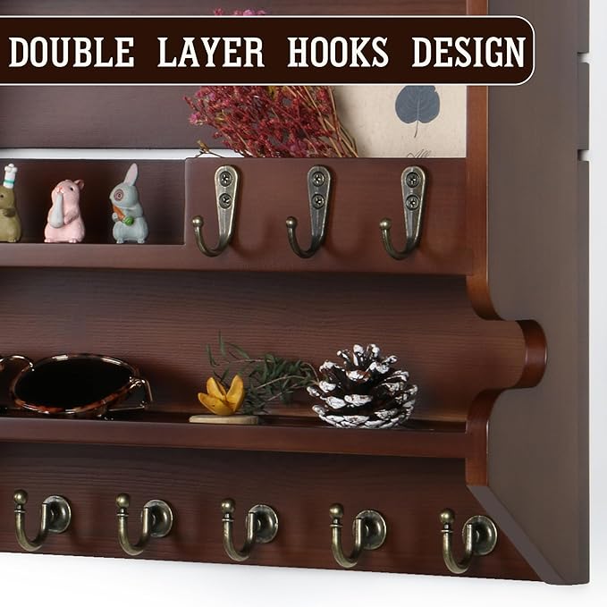 Innovation Handcrafted Solid Pine Wood Key Holder for Wall - Artisan Hand-Sprayed Mail Organizer Wall Mount with 9 Heavy Duty Hooks, Finely Sanded Smooth Surface Entryway Decor, Walnut