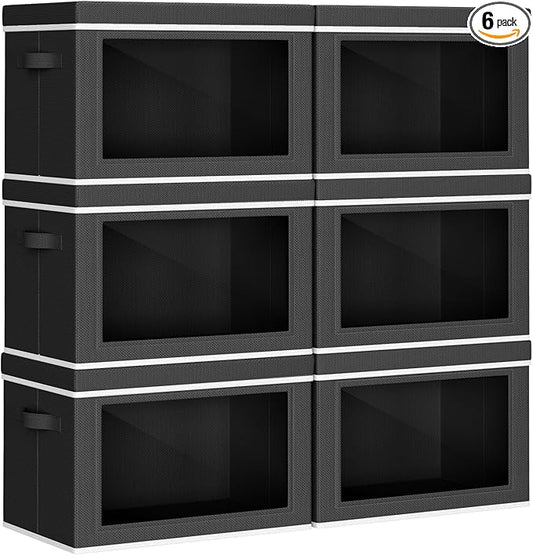 Collapsible Storage Bins with Lids - Stackable Storage Containers with Window, 6 Pack Fabric Organizing Bins for Closet, Home & Office Organization Baskets, Black, 14.9" x 9.8" x 9.8"