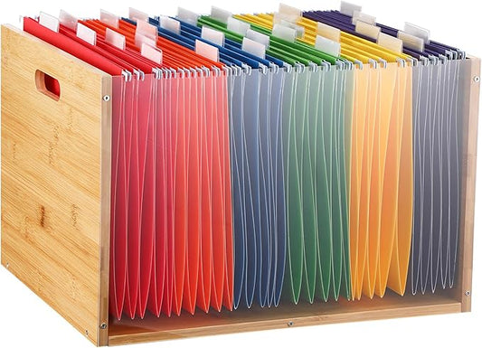 Clear Acrylic File Box Hanging File Organizer with 30 Pcs Hanging File Folders Bamboo Hanging Folder Storage Filing Crate Bin Holder with Handle for Home Office Desk Letter Size