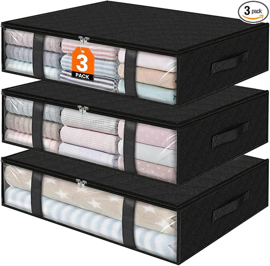 StorageRight Under Bed Storage Bins, 3-Pack 40L Foldable Fabric Storage Bags with Transparent Window, Breathable Organizer for Clothes/Blanket/Comforter/Quiltr, Black