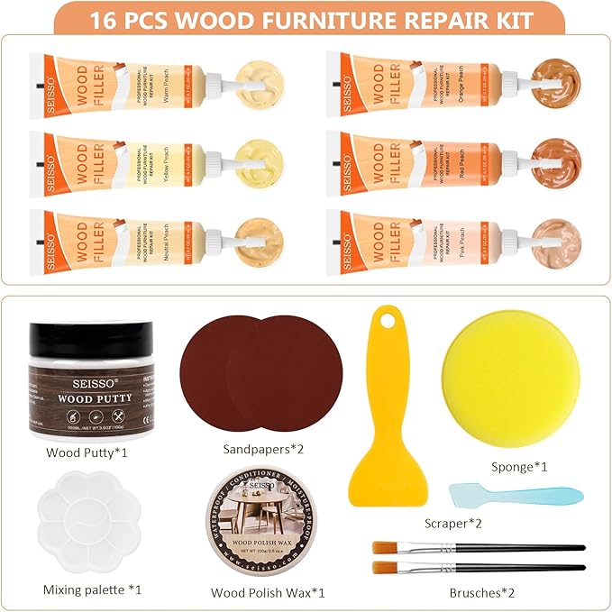 Wood Furniture Repair Kit, 6 Colors Wood Touch up Fillers Hardwood Laminate Vinyl Floor Repair Kit with Wood Putty, Wood Polish Wax for Hole, Scratch, Crack, Stain (Peach Wood 16Pcs)