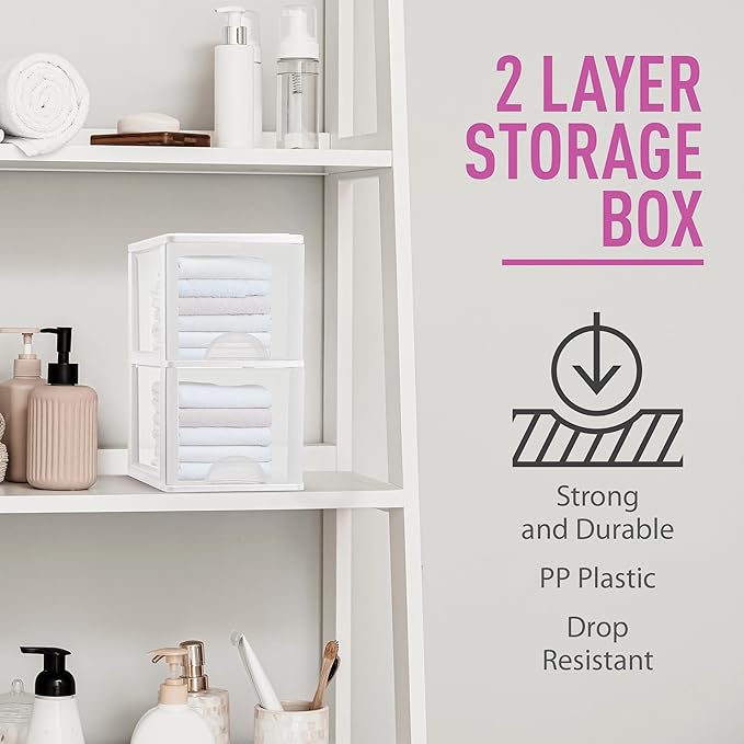 Plastic 2-Drawer Storage Organizer, 4-Pack for Classroom Art Supplies Dresser Closet Bathroom Dorm Bedroom Laundry Room, Slim Narrow, White/Clear Crafts Drawers Storage Organizer (13"H x 10"D x 7"W)