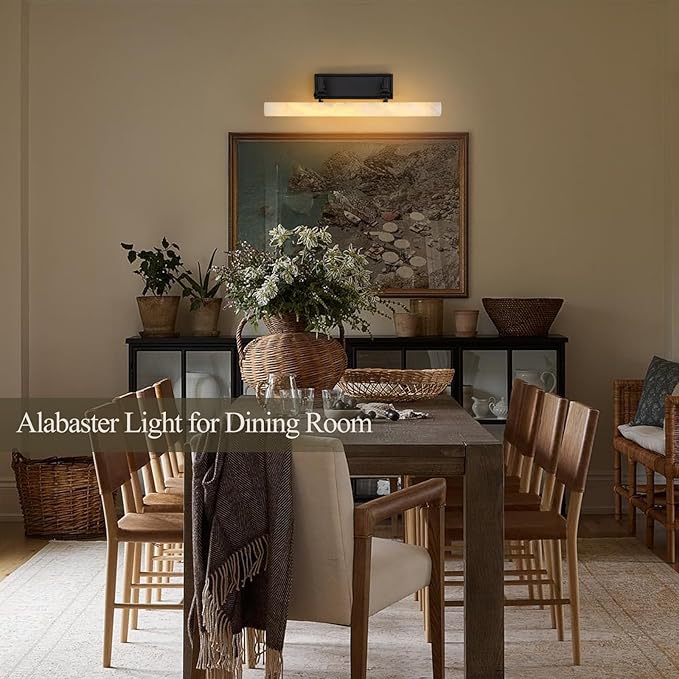 Alabaster Picture Lights for Wall, 20in Spanish Marble Picture Light Hardwired, Black Vanity Lights for Bathroom, Dimmable Modern Wall Lighting Gallery Light for Paintings, Bookshelf, Poster Display