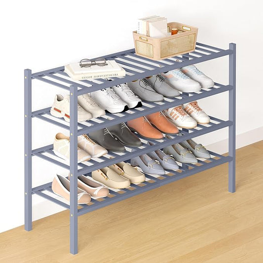 Smiry Bamboo Shoe Rack for Closet, 4 Tier Long Wooden Stackable Shoe Organizer, Free Standing Shoes Storage Shelf for Entryway, Front Door Entrance, Grey