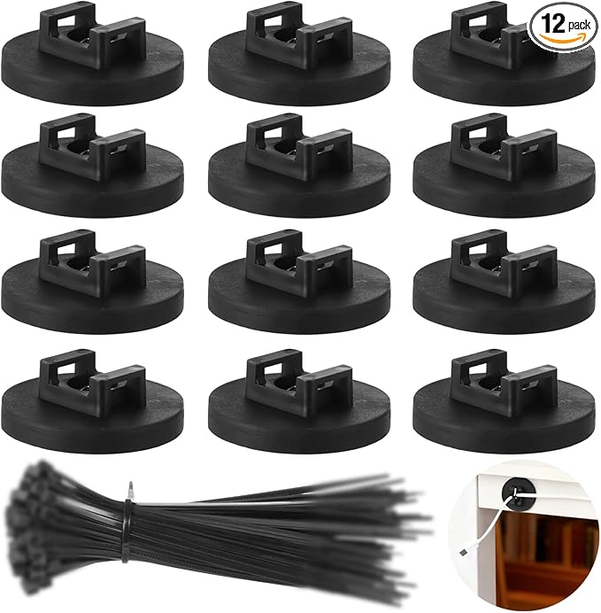 Magnetic Cable Zip Tie Mounts, 12 Pcs Magnet Bases with 100 Pcs Cable Ties, Multipurpose Wire Management Organizer for Desk PC Home Office, Adhesive-Free Cable Clips Holder (43mm)