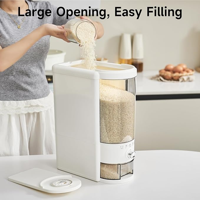Rice Dispenser 20 lbs | Large Rice Storage Container for Kitchen&Pantry - Space-saving, Moisture & Pest-proof, BPA-Free - Dry Food Dispenser with One-Touch Dispenser & Measuring Cup for Families