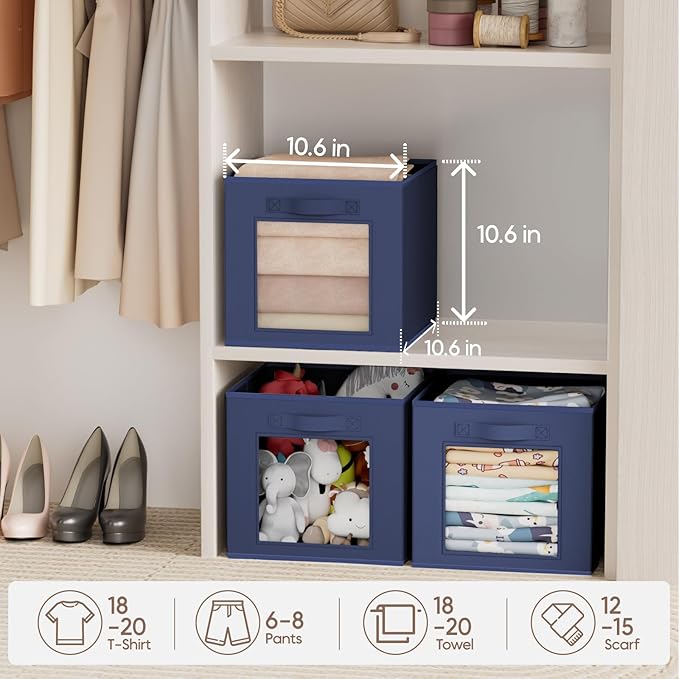Storage Cube 11 Inch - Cube Storage Bins with Window, Closet Storage Baskets with Handle, Fabric Bins for Closet, Shelves, Toys, Clothes, Set of 10, Navy Blue