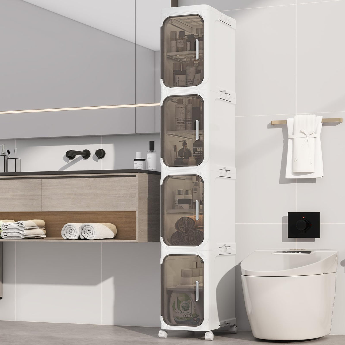4 Tier Slim Bathroom Storage Cabinet, Foldable and Movable, White - Image 1