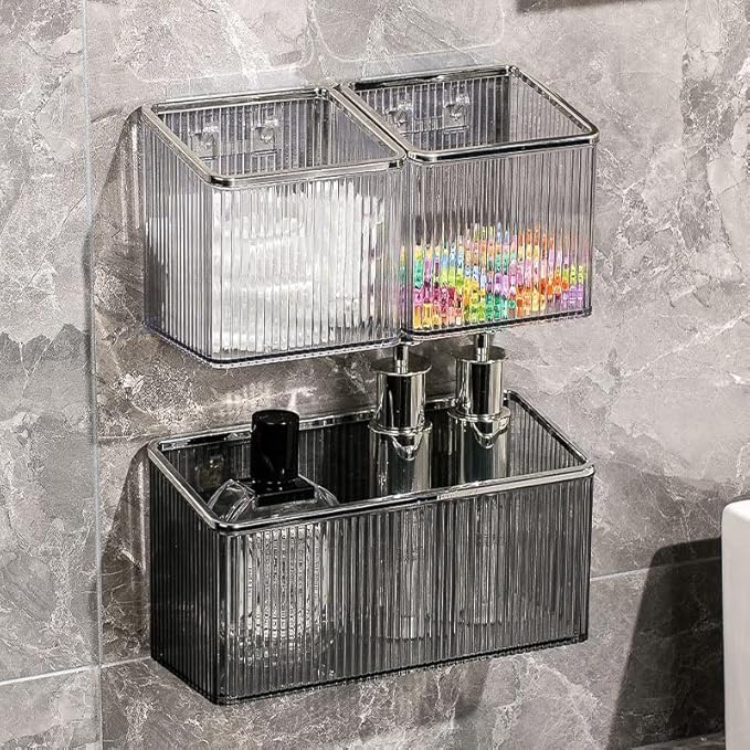 Adhesive Floating Wall Shelves – No Tools Needed for Installation | Perfect for Organizing Makeup, Toiletries & Home Accessories (GreyBody_SilverEdge)