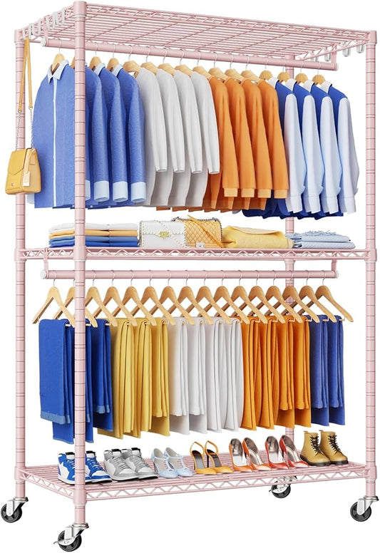P8 Heavy Duty Clothes Rack（With Extended Width Design） Rolling Clothing Racks for Hanging Clothes，Portable Garment Rack with Lockable Wheels，51.2" W x 15.8" D x 80.5" H，Max Load 700LBS，Pink