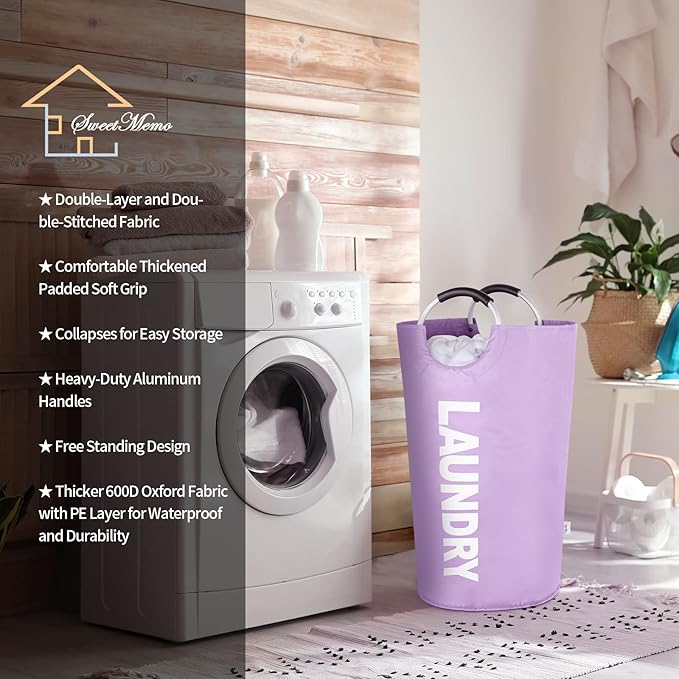 Large Laundry Basket Collapsible，Freestanding Clothes Hamper Bag with Handles – Tall Folding Dirty Laundry Bin，Sturdy Laundry Sorter for College Dorm，Laundry Room – 130L (Purple)