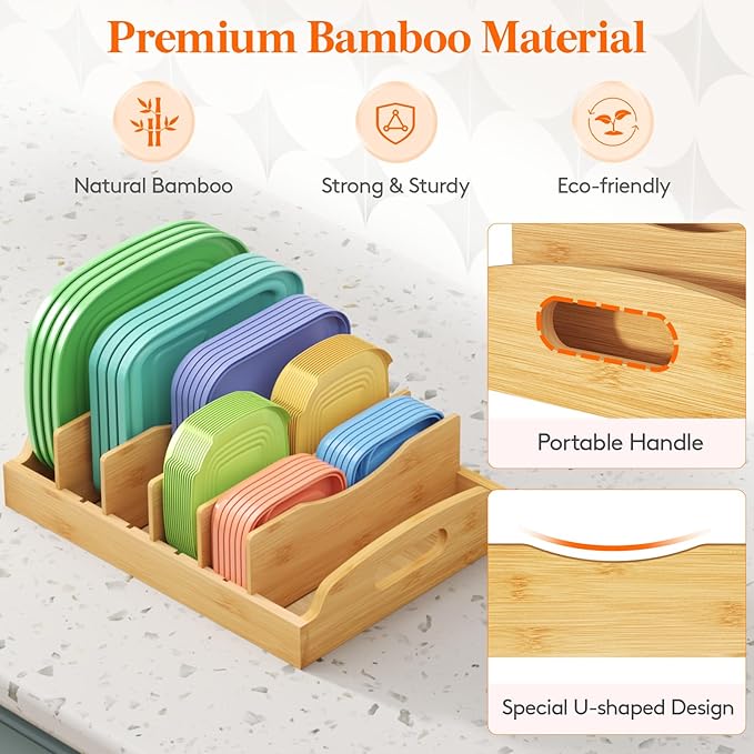 Lifewit Bamboo Lid Organizers for Inside Cabinet, Food Storage Container Lid Holder with 5 adjustable Inserts & 6 Compartments, Lid Storage for Kitchen Pantry Organization, 13.2" x 10"/34 x 25cm