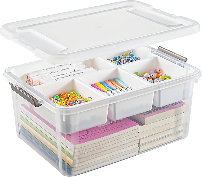 17 QT Plastic Storage Box with Removable Tray Art Supply Craft Organizers and Storage Stackable Storage Container for Organizing Bead, Tool, Sewing, Book, Crayon, Playdoh(Clear)