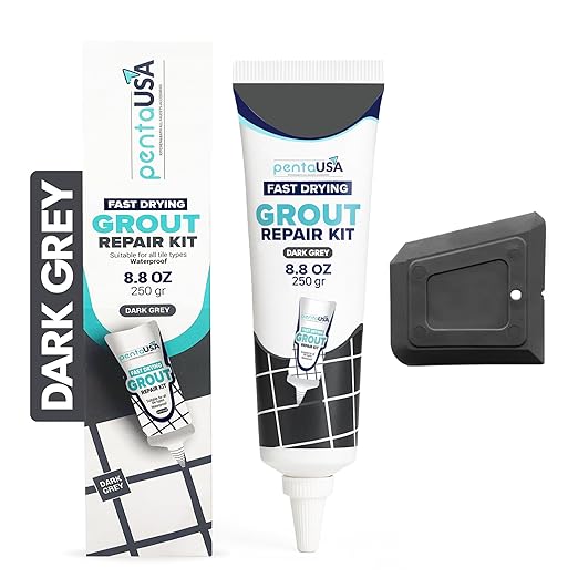 Tile Grout Repair Kit - Premixed Acrylic Sanded Grout for Bathroom, Shower & Kitchen - Repairs, Renews & Restores, Waterproof Formula - 8.8oz / 250gr (Dark Grey)