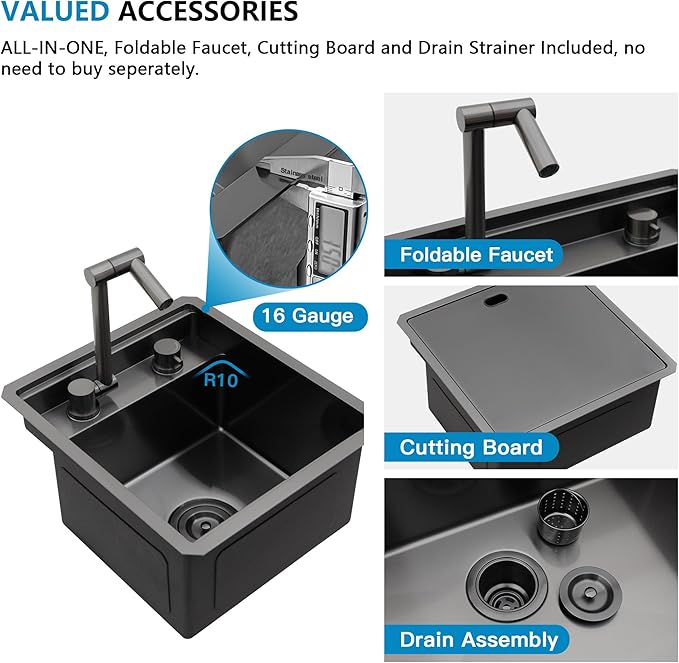 13"x15" Small RV Kitchen Sink – 16 Gauge 304 Stainless Steel Gunmetal Black NANO-PVD Undermount Single Bowl Basin with Foldable Faucet, for RV, Outdoor Camper, Mobile Home, Wet Bar