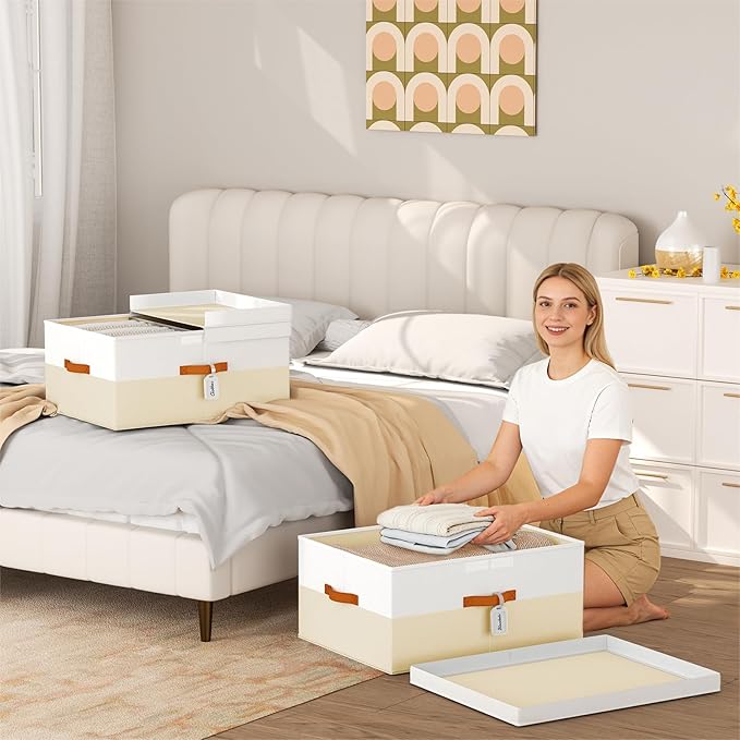 Extra Large Storage Bins - 4 Pack Closet Storage Boxes with Double-Open Lid & Divider Board, Stackable Colthes Storage Organizer, Fabric Basket with Label Tag for Home, Laundry