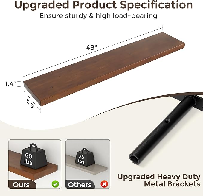 48 Inch Floating Shelves for Wall, 9.3" Deep USA-Sourced Solid Wood Wall Shelves with Heavy Duty Invisible Bracket, Storage Display Shelf for Living Room, Kitchem, Bedroom, Set of 1, Walunt Finish