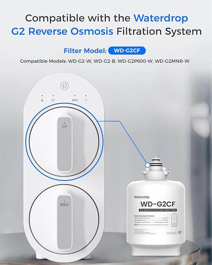 Waterdrop WD-G2CF Filter, Replacement for WD-G2-W, WD-G2-B, WD-G2P600-W Reverse Osmosis System,12-month Lifetime