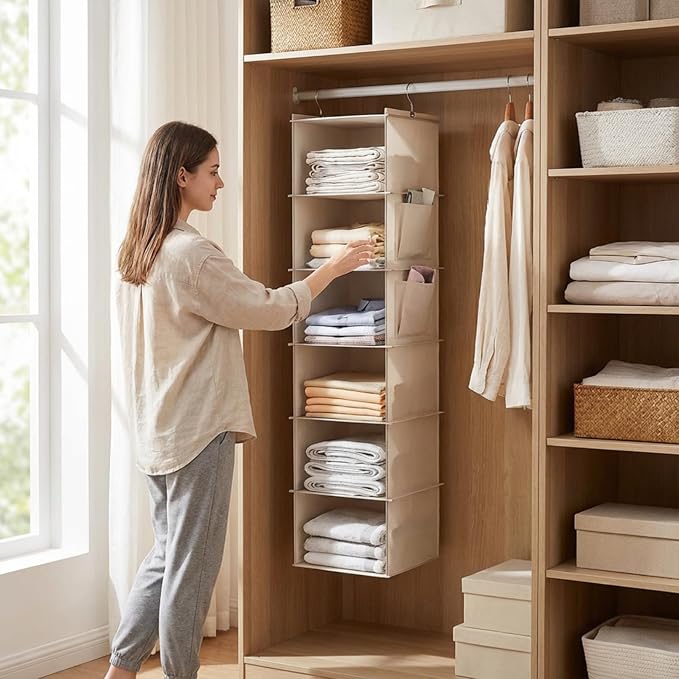 6-Shelf Hanging Closet Organizer with Side Pockets, Closet Hanging Storage Shelves for Clothes, Shoes & Accessories, Space-Saving Wardrobe Storage Solution,Send Goods from Local Warehouse
