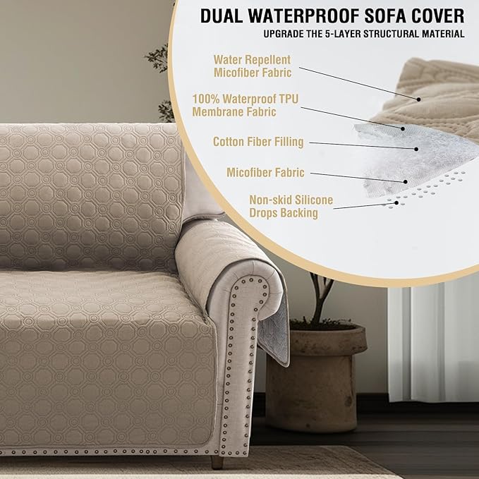 PrinceDeco Large Couch Covers for Oversized Sofa 3 Cushion Couch Sofa Cover for Dogs Water Proof Furniture Protector Cover with Elastic Straps for Pet (Oversized Sofa, Taupe)
