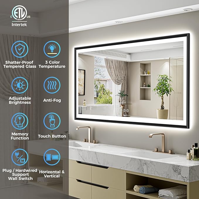 72x36 Black Framed LED Bathroom Mirror with Lights, Backlit and Front Light, Lighted Bathroom Vanity Mirror for Wall Dimmable Anti-Fog Memory Tempered Glass Horizontal/Vertical