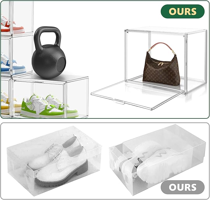 6 Pack Acrylic Shoe Storage Boxes Size 14 X-Large Clear Shoe Hat Containers Sneaker Display Case with Magnetic Door, Easy Assembly