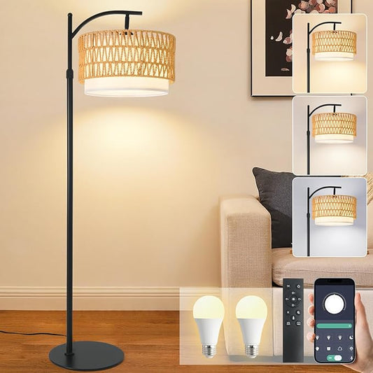 Bohemian Rattan Floor Lamp for Living Room - Black Arc Design, 12W LED (1 in use + 1 Spare), Remote & Dimmable 3 - Color Temp, Tall Standing Lamp