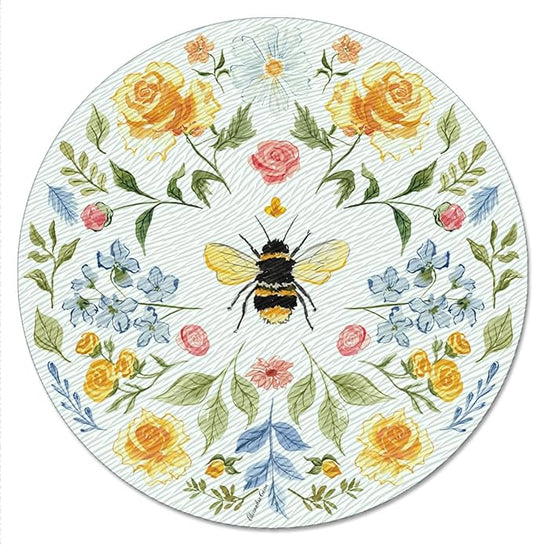 CounterArt Floral Bee 4mm Tempered Glass Lazy Susan Turntable 13" Diameter Condiment Caddy Cake Plate Pizza Server