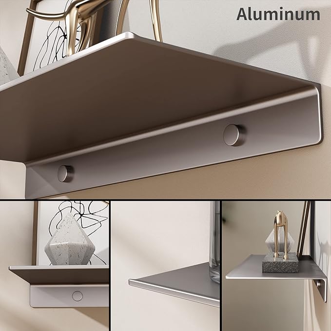 Adhesive Floating Shelves — 16" Grey Metal, Set of 2