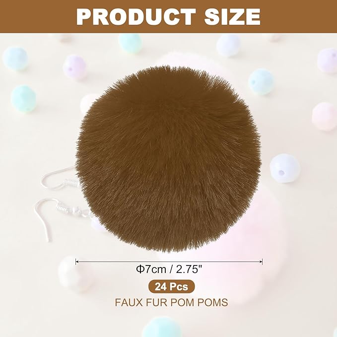 PATIKIL Faux Fur Pom Poms for Hats, 24 Pcs Fluffy Soft Fur Poms Balls with Elastic Loop for Keychain Knitting Hats DIY Scarves Gloves Bag Christmas, Dark Brown