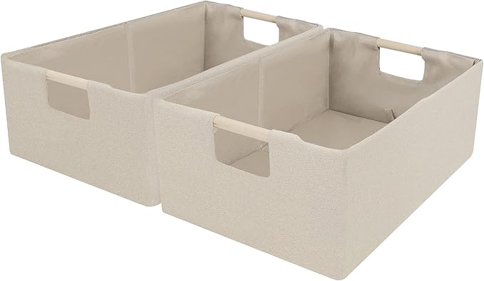 ANMINY 4PCS Storage Baskets for Organizing Collapsible Fabric Storage Bins Boxes with Wood Handles Closet Shelves Cube Organizer Bins Clothes Laundry Storage Container - Small, Beige