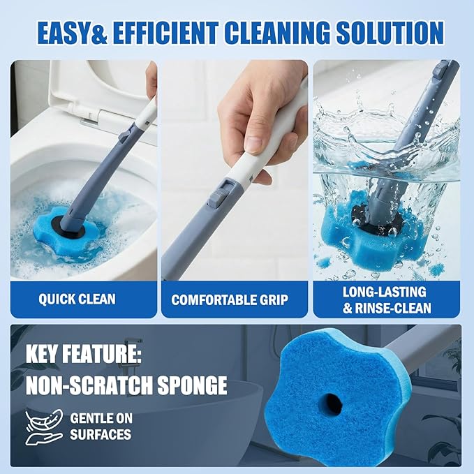 Disposable Toilet Brush with 16 Refills,2 Toilet Wand Brush Cleaning Kit,Wall Mounted Toilet Bowl Cleaner Kit with Holder for Bathroom Deep Cleaning & Hygiene- Blue & White-2 Pack