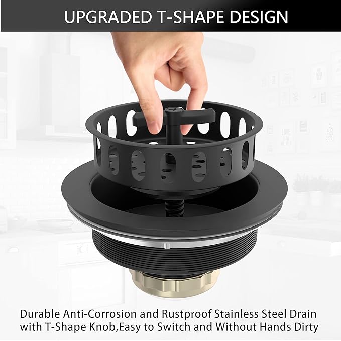 Black Sink Drain 3-1/2 Inch Kitchen Sink Drain Strainer Assembly Kit with Stainless Steel Strainer Basket and Drain Stopper for Standard Kitchen Sink Matte Black