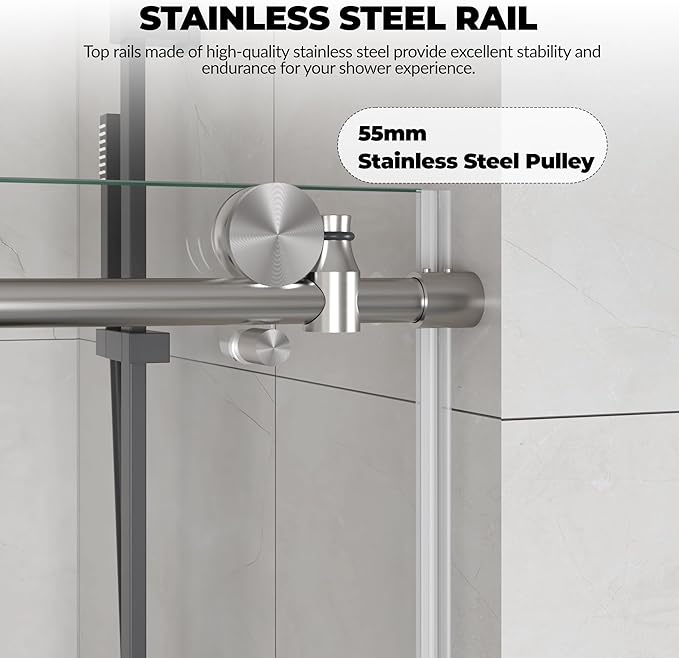 Sliding Shower Door 44–48 inch W× 76 inch H, Frameless Glass Shower Door with Round Stainless Steel Rail and 55mm Rollers, 6mm Tempered Glass, Space-Saving Shower Doors for Small Bathrooms