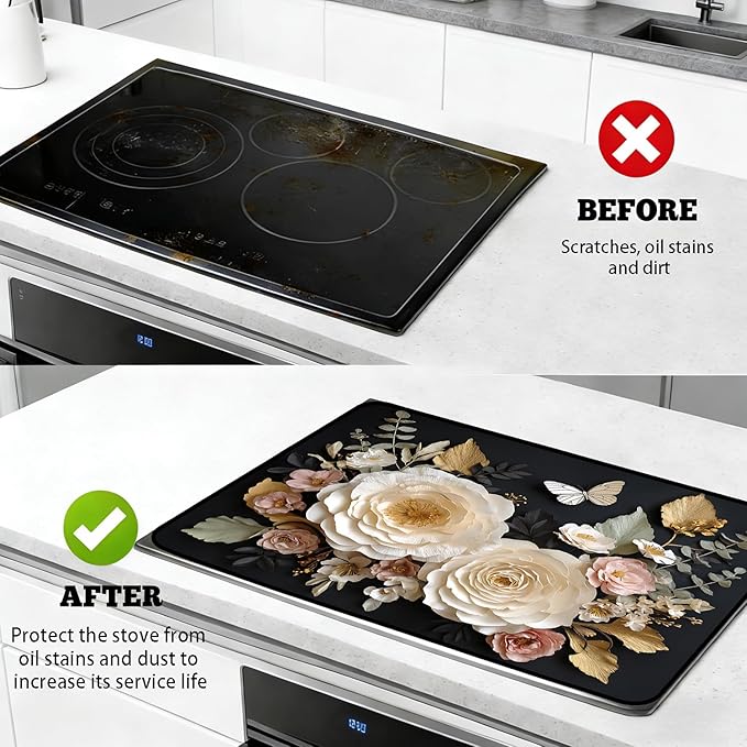 Glass Stove Top Covers for Electric Stove, Heat Resistant Counter Protector Mat, Non Slip Waterproof Surface Cover for Kitchen Counter and Cooktop (Floral Black, 28"L x 20"W)