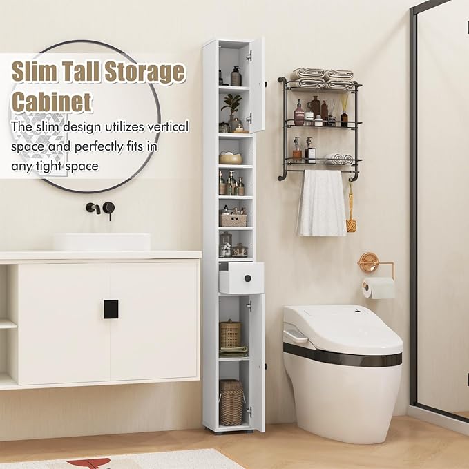 Giantex Slim Bathroom Storage Cabinet - 71” Tall Narrow Floor Cabinet Cupboard with 2 Doors, 5 Adjustable Shelves, 1 Drawer, Anti-Tipping Device, Thin Linen Tower Cabinet for Living Room (2, White)