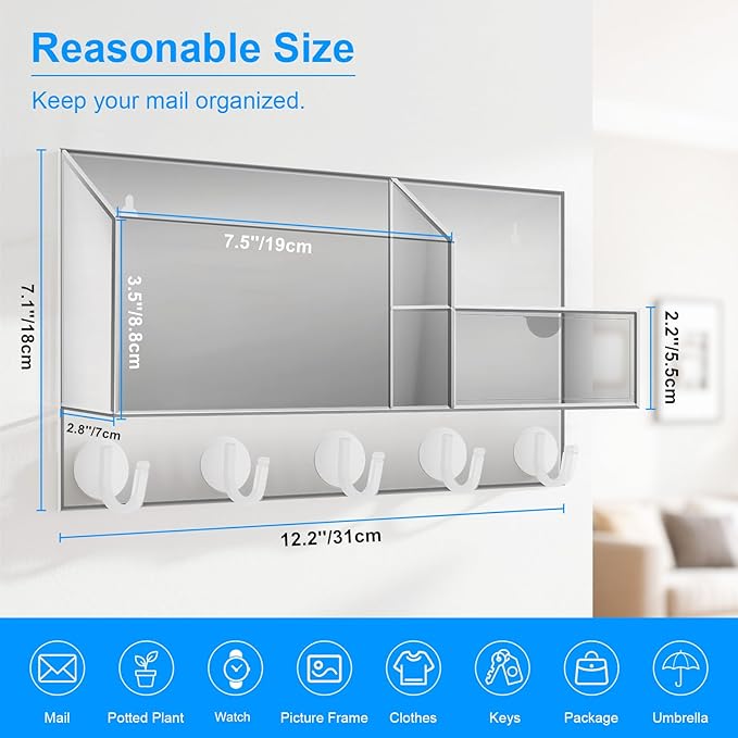 Acrylic Key Holder Wall Mount Mail Organizer for Wall with Shelf Storage Drawer and 5 Hooks, Clear