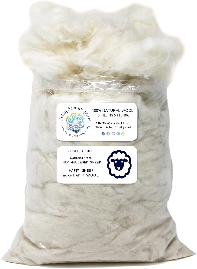Core Wool for Needle Felting, Crochet Toys, Amigurumi Stuffing. Super Clean Wool Filler for Pillows, Stuffed Animals, Dryer Balls. 1LB, Natural White